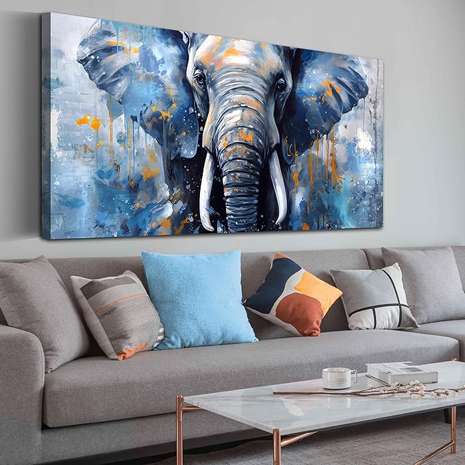 ENTANUB Elephant Wall Art for Living Room, Animal Canvas Print Painting for Bedroom, Blue Picture Decor, Size 59 x 29 Inches