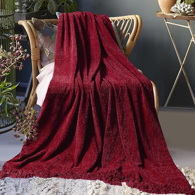 Chenille Throw Blanket for Couch 50"X 60", Soft Cozy Throws with Fringe Tassel for Bed Sofa Chair Cover, Lightweight Knitted Decorative Boho Blankets for Living Room, Red