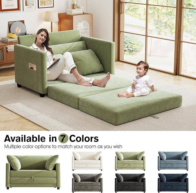 51" Loveseat Sleeper Sofa Bed, Chenille Convertible Floor Sofa Bed for Small Spaces, Folding Couch Bed with Deep Seat, 2 Pillows & Solid Frame, Pull Out Floor Couch for Living Room, Green