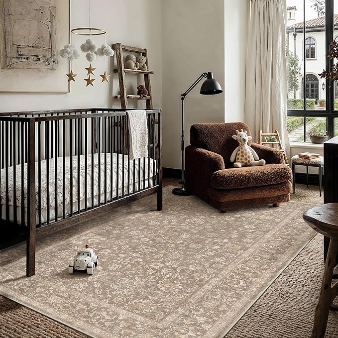 3x5 Deep Brown Area Rug Non Slip Vintage Office Entryway Rug Distressed Machine Washable Kitchen Carpet Traditional Retro Floral Accent Throw Door Mat for Bedroom Bathroom Dining Living Room