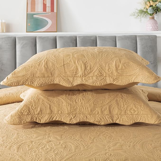 HoneiLife Embroidered Quilt King Size - 3 Pieces Microfiber Quilt Sets Lightweight Bedspreads Reversible Coverlets Retro Bed Cover Paisley Pattern Bedding Set All Season Quilts-Yellow