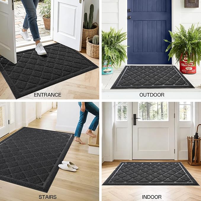 Front Door Mat Indoor Outdoor Entrance, 24" x 48" All-Season Heavy Duty Waterproof Doormat, Non-Slip Absorbent Entryway Mat, Easy to Clean, Low Profile Commercial Floor Mat for Indoor Outdoor
