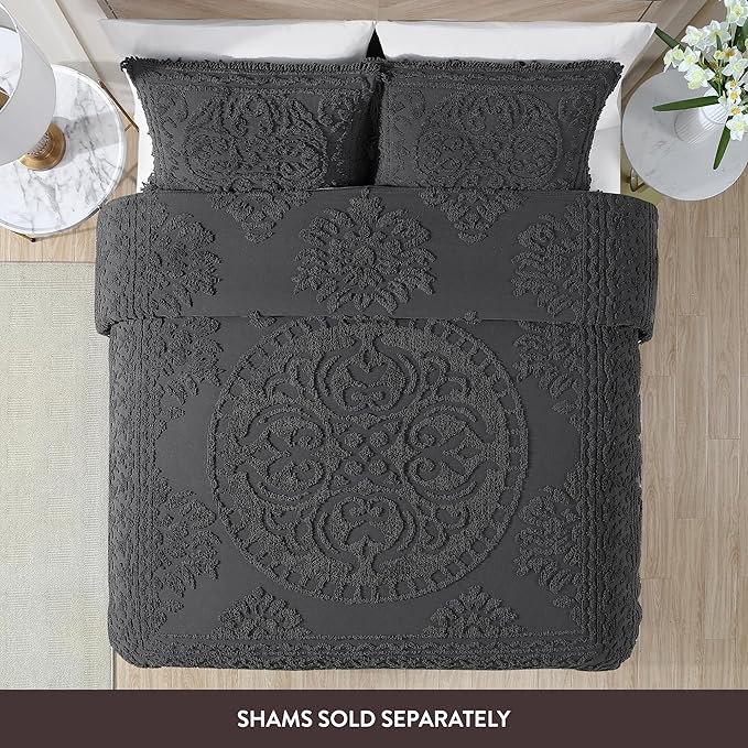 Beatrice Home Fashions Medallion Chenille Bedspread, Queen, Charcoal