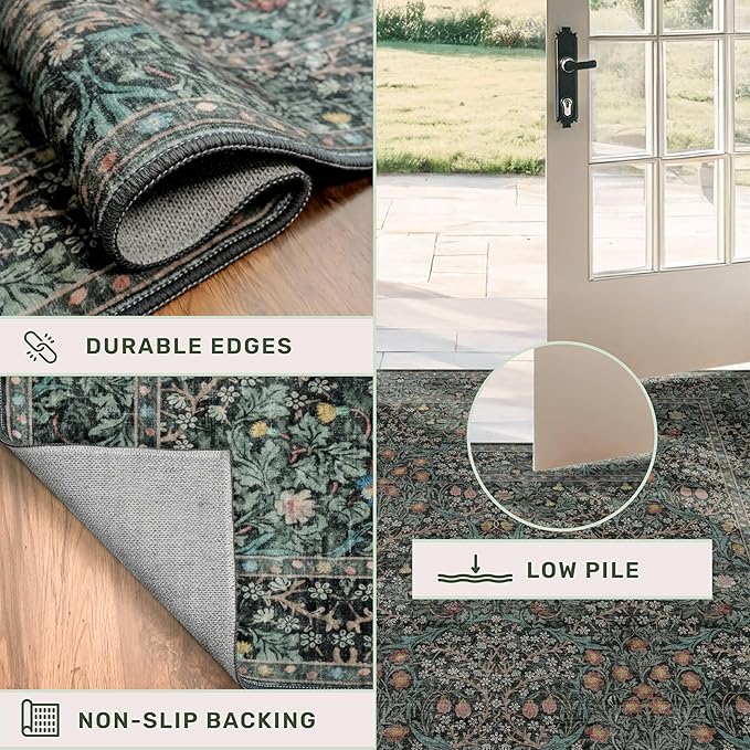 Washable Dark Green 2x10 Runner Rug for Hallway, Kitchen, 10 ft Non Slip Stain Resistant Extra Long Soft Rugs, Vintage Floral Unique Botanical Floor Mat