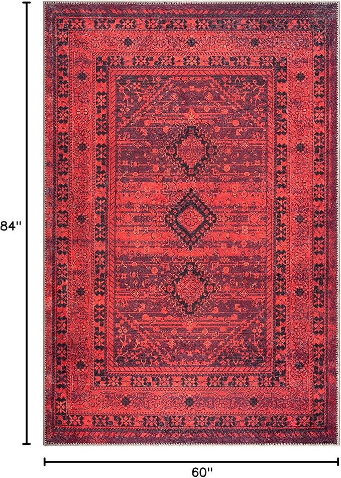 Bloom Rugs Washable Non-Slip 5' x 7' Rug - Red Traditional Bordered Area Rug for Living Room, Bedroom, Dining Room, and Kitchen - Exact Size: 5' x 7'
