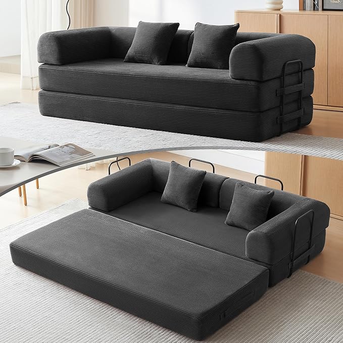 Convertible Sleeper Bed with 2 Cylindrical Pillow, Comfy Foldable Bed Compressed Sofa in Box, Floor Sofa Lounge Couch for Living Room Bedroom Lounge Studio, Tool-Free Assembly (Black)