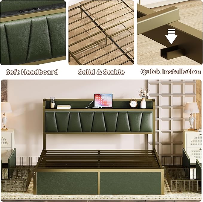 LIKIMIO Queen Bed Frame with 4 Storage Drawers, Platform Bed with Charged Headboard, Sturdy and Stable, No Noise, No Box Spring Needed, Easy to Install, Dark Green