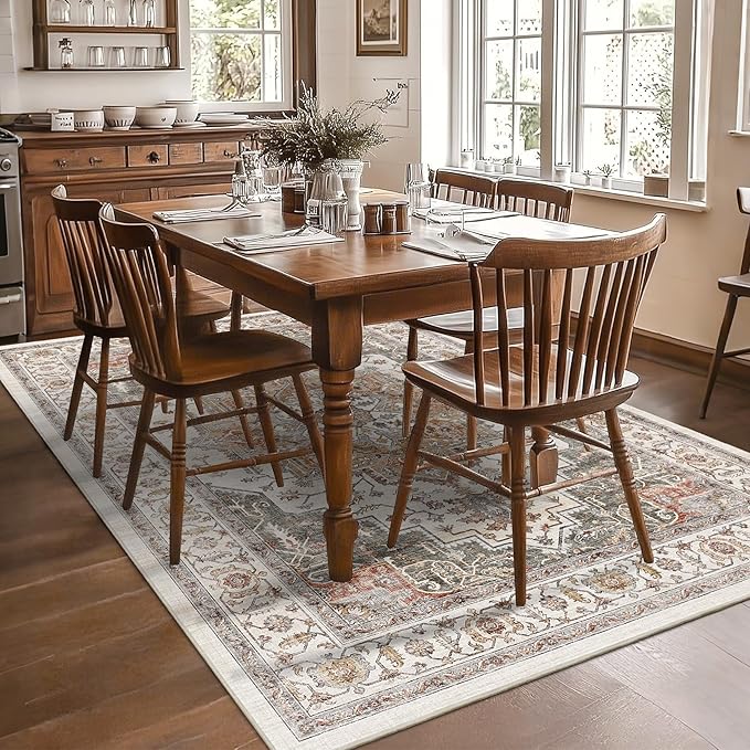 5x7 Area Rugs for Living Room Ultra-Soft Washable Rug Vintage Distressed Boho Area Rug, Non-Slip Retro Print Low Pile Stain Resistant Carpet for Bedroom Dining Room Kitchen Office