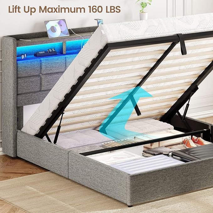 Lift Up Queen Bed Frame with Storage, Upholstered Bed Frame Queen Size with LED Lights Headboard and Charging Station, No Box Spring Needed, Easy Assembly - Light Grey