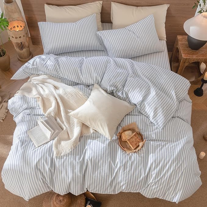 MooMee Striped Duvet Cover Set 100% Washed Cotton Linen Like Textured Breathable Durable Soft Comfy (Cornflower Blue White Classic Stripes, Full 80"x90")