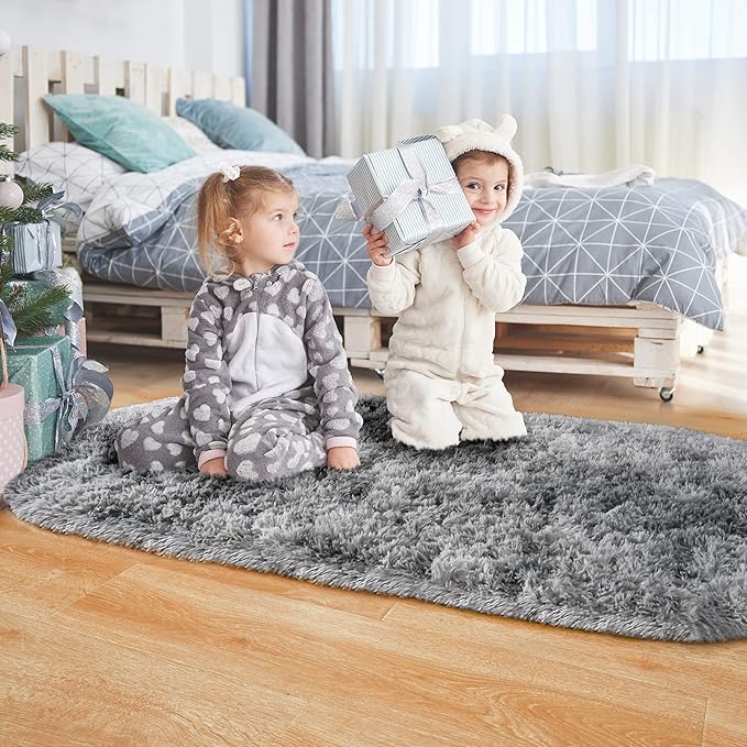 Noahas Oval Fluffy Grey Rainbow Rug 2.6X5.3 Small Kids Rugs for Bedroom Girls And Boys Aesthetic,Bedside Bedroom Rug,Ultra Soft Runner Carpet Modern Shaggy Nursery Area Rugs Home Deco