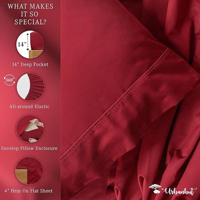 URBANHUT 800 Thread Count 100% Cotton Twin Size Sheets, Luxury 4 Piece Twin Bedsheets, Hotel Sheets Sateen Finish - Better Than Egyptian, 14" Elasticized Deep Pocket - Burgundy