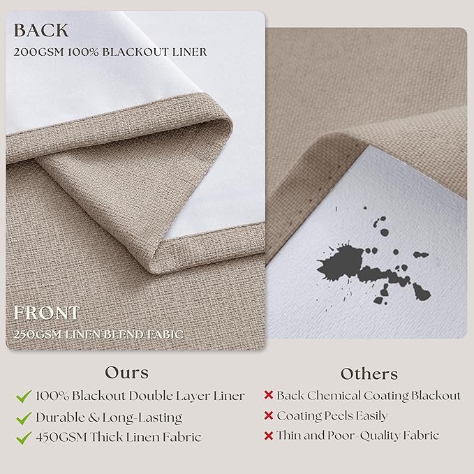 Burlywood Birch Linen Pinch Pleated Blackout Curtains 84 Inches Long for Bedroom Living Room Darkening 100% Black Out Pinch Pleat Drapes with Liner Farmhouse Neutral 84 Inch Curtain for Dining Room