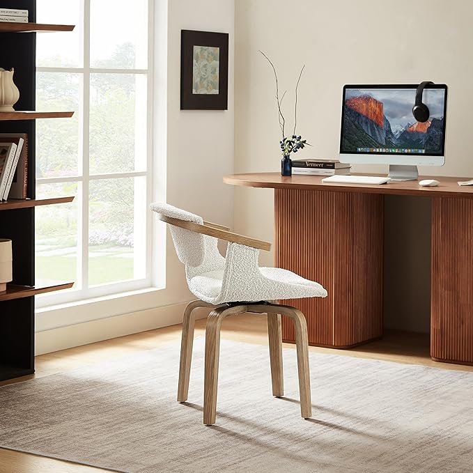 Art Leon Desk Chair No Wheels, Mid Century Modern Swivel Accent Chair, Boucle Fabric Home Office Desk Chair for Small Spaces Living Room Bedroom, White