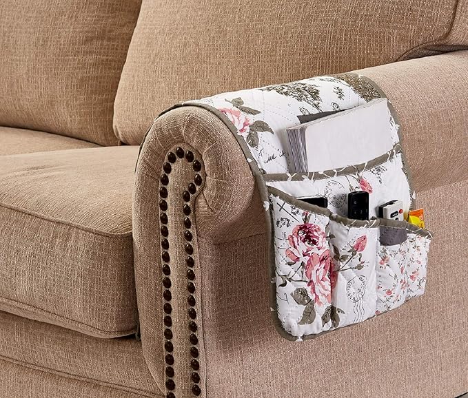 Brilliant Sunshine Rose and Toile Patchwork Couch Armrest 5 Pockets Organizer, Slip Resistant Armchair Caddy, Washable Remote Controls Holder, Storage for Magazine, Tablet, Phone, 35×13", Rose Grey