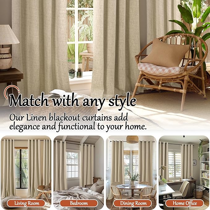 100% Blackout Curtains for Living Room/Bedroom 84 Inch Length 2 Panels Set, Thermal Insulated Bronze Grommet Boho Light Blocking Faux Linen Window Drapes White Liner, Each 52" Wide, Burlap