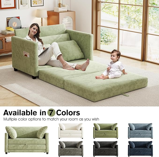 51" Loveseat Sleeper Sofa Bed, Chenille Convertible Floor Sofa Bed for Small Spaces, Folding Couch Bed with Deep Seat, 2 Pillows & Solid Frame, Pull Out Couch for Living Room, Light Green