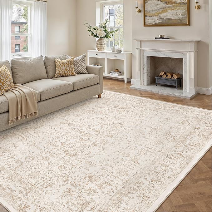 Beige Area Rug 6x9 Machine Washable Vintage Living Room Distressed Non Slip Carpet Traditional Indoor Bedroom Retro Floral Accent Throw Large Rug for Office Kitchen Dining Room
