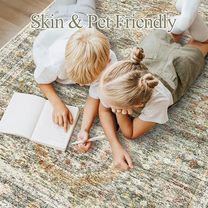 6x9 Area Rug for Living Room Washable 6x9 Non-Slip Modern Rugs for Bedroom Dinning Room Ultra-Thin Indoor Green Orange