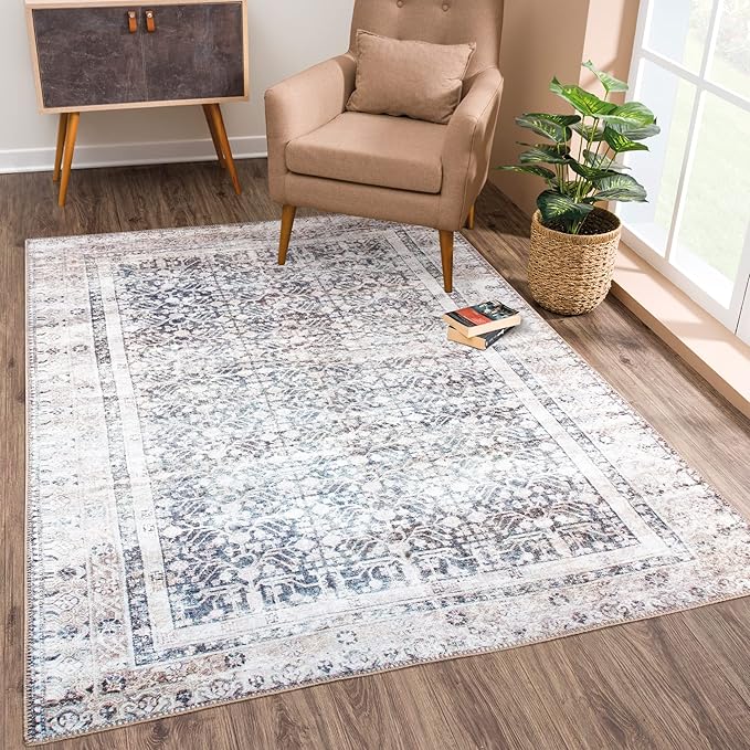 Bloom Rugs Washable Non-Slip 6' x 9' Rug - Tan/Blue/Green Traditional Area Rug for Living Room, Bedroom, Dining Room, and Kitchen - Exact Size: 6' x 9'