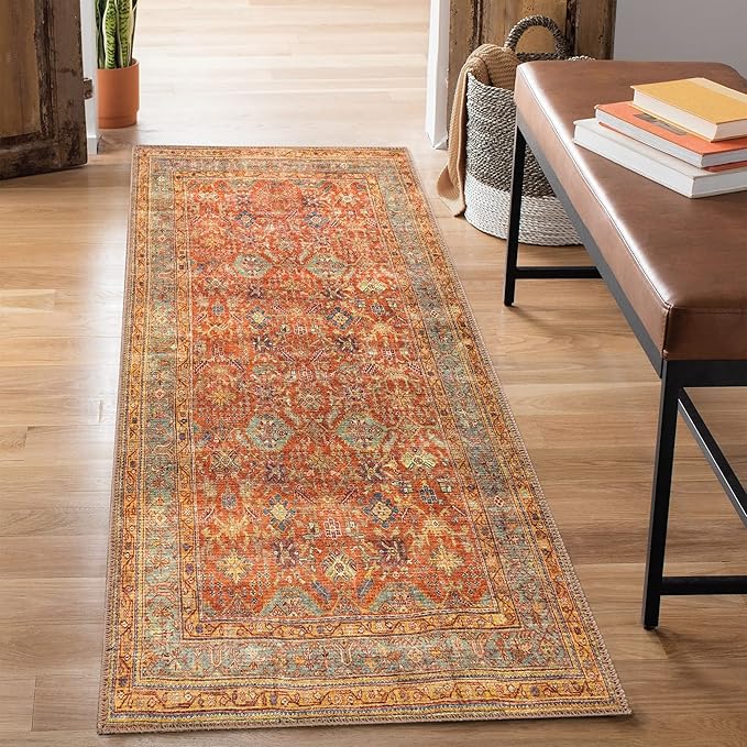 Bloom Rugs Washable Non-Slip 10 ft Runner - Terracotta/Mustard Traditional Runner for Entryway, Hallway, Bathroom, and Kitchen - Exact Size: 2.5' x 10'