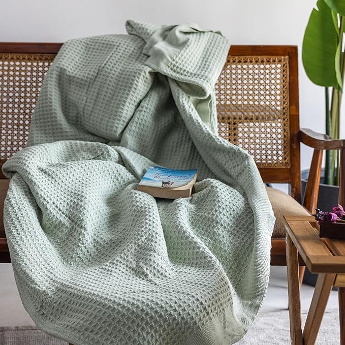 Salt Earth 100% Cotton Throw Blanket, Queen, 90"X92" Waffle Throws for Home, Bedrooms, Outdoor & Office Couch, Cozy Room Decor Blankets, Christmas Blankets and Throws (Sea Foam)