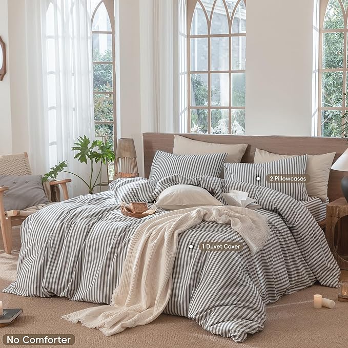 MooMee Striped Duvet Cover Set 100% Washed Cotton Linen Like Textured Breathable Durable Soft Comfy (Dark Grey White Classic Stripes, King 104"x90")