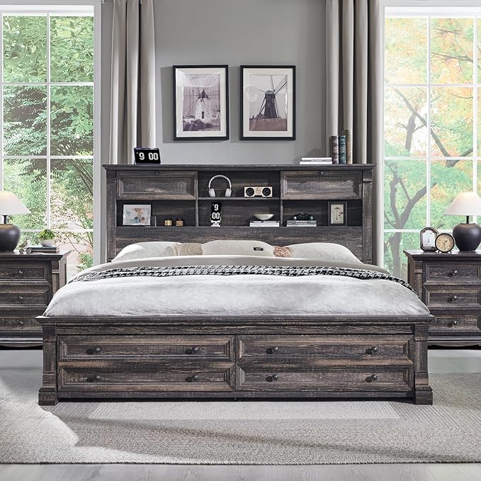 T4TREAM Farmhouse Queen Size Bed Frame with 54" Tall Storage Bookcase Headboard, Wood Platform Bed Frame with 18" Tall Roman Column Decoration Footboard & 2 Drawers(Dark Rustic Oak)