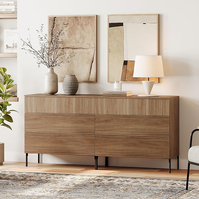 WAMPAT 63" W Fluted Dresser for Bedroom, 2 in 1 Modern 6 Drawer Dresser TV Stand with Hidden Handles, Wooden Chest of Drawers Closet Clothes Storage Organizer for Bedroom, Living Room, Light Walnut