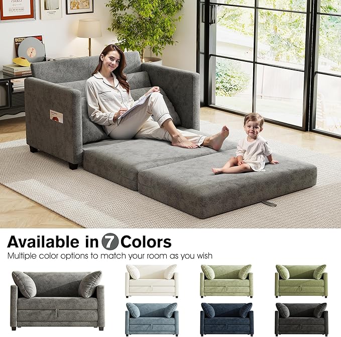 51" Loveseat Sleeper Sofa Bed, Chenille Convertible Floor Sofa Bed for Small Spaces, Folding Couch Bed with Deep Seat, 2 Pillows & Solid Frame, Pull Out Floor Couch for Living Room, Grey