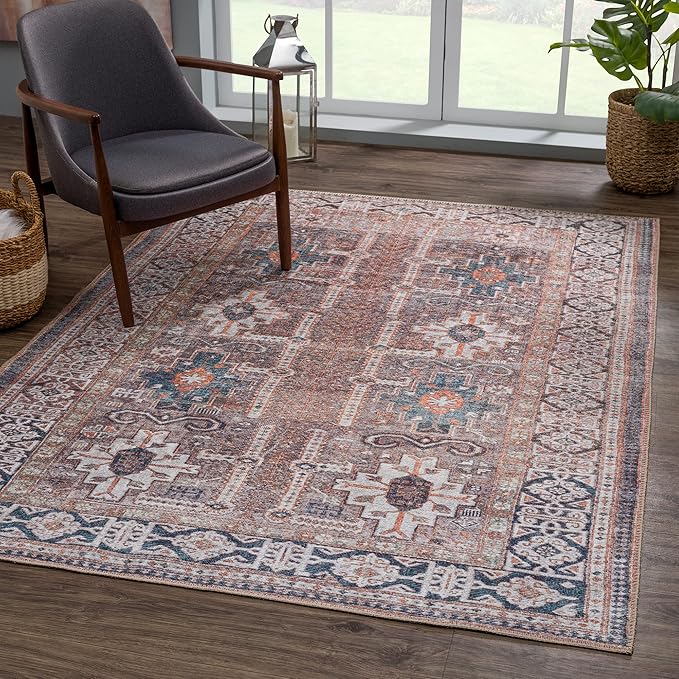 Bloom Rugs Washable Non-Slip 2' x 3' Rug - Brown/Blue/Orange Traditional Oriental Area Rug for Living Room, Bedroom, Dining Room, and Kitchen - Exact Size: 2' x 3'