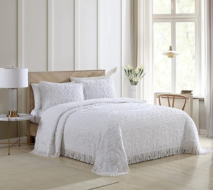 Beatrice Home Fashions Medallion Chenille Bedspread, King Sham, White