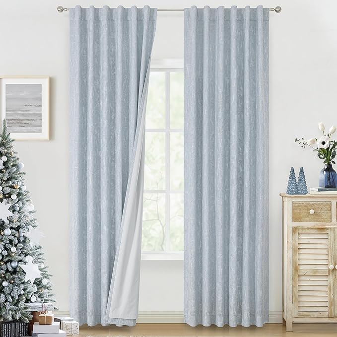 Vision Home Rod Pocket Back Tab Chambray Blue Total Blackout Bedroom Curtains 95 inch for Living Room Window Panels Thermal Insulated Energy Efficient Soundproof Grayish Blue Drapes 2 Panels 50"Wx95"L