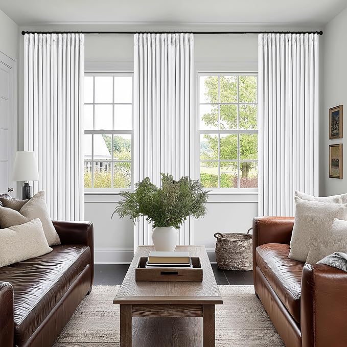 White 80 Inch Pinch Pleated Black Out Curtains 2 Panel Set for Living Room Pinch Pleat Linen Drapes with Liner 80 Inches Long 100% Blackout Light Blocking Energy Saving Curtain for Dining Bedroom