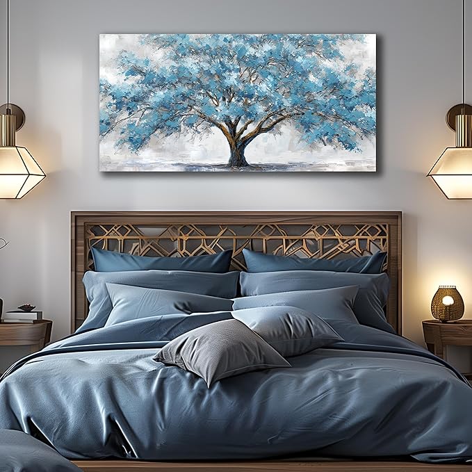 JuhaiArt Tree Wall Decor Teal Wall Art for Living Room Home Office White Canvas Art Large Artwork modern Prints 29" x 59"