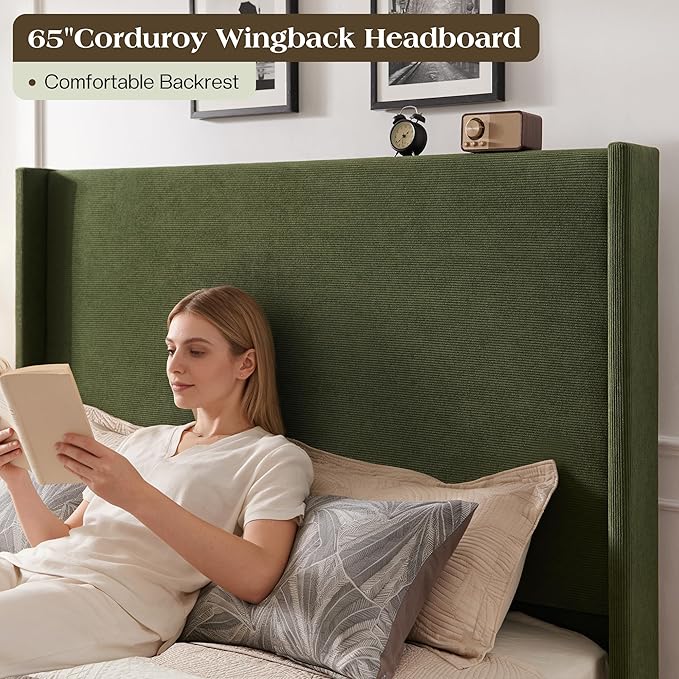 King Bed Frame with 65" Tall Headboard, Horizontal Fine Corduroy Bed Frame with Wingback, Upholstered Platform Bed, Vintage Solid Wood Gourd Legs, No Box Spring Needed, Green
