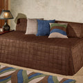 Camden Luxury Bedding | Chocolate Brown Color | Fitted Hollywood Daybed Bedding | Faux Suede Box Quilted Design | 5 Piece Set With Extra Long Hollywood Cover, 2 Bolster Shams, and 2 Bolster Pillows