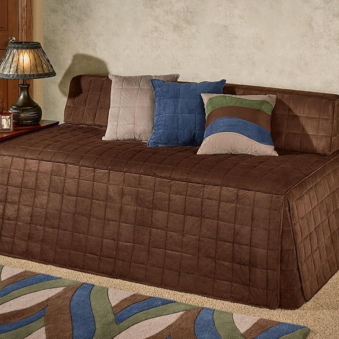 Camden Luxury Bedding | Chocolate Brown Color | Fitted Hollywood Daybed Bedding | Faux Suede Box Quilted Design | 5 Piece Set With Extra Long Hollywood Cover, 2 Bolster Shams, and 2 Bolster Pillows