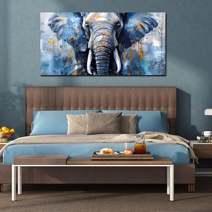 ENTANUB Elephant Wall Art for Living Room, Animal Canvas Print Painting for Bedroom, Blue Picture Decor, Size 59 x 29 Inches