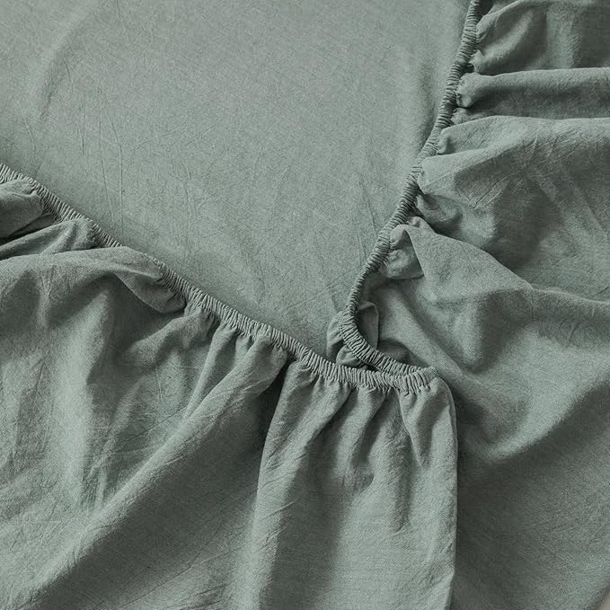 MooMee Fitted Bottom Sheet Only 100% Washed Cotton Linen Like Textured Breathable Durable Soft Comfy Deep Pocket Fits Mattress up to 17" (Heathered Green, Twin)