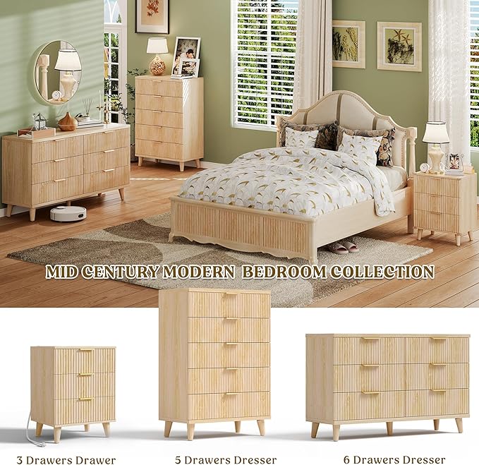 Lulive Wood 3 Drawers Dresser Fluted Night Stand with Charging Station, Storage Nightstand Modern Side Table, Bedside Table for Bedroom, Entryway Natural