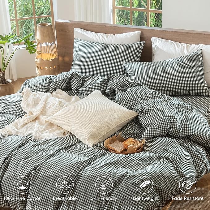 MooMee Gingham Duvet Cover Set 100% Washed Cotton Linen Like Textured Breathable Durable Soft Comfy Modern Checkered Design (Mini Gingham Forest Green, Cal King 104"x98")