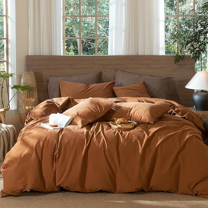 MooMee Wavy Striped Duvet Cover Set 100% Washed Cotton Linen Like Textured Breathable Durable Soft Comfy (Dark Orange, Palatial King/Oversized King 120"x98")