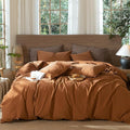 MooMee Wavy Striped Duvet Cover Set 100% Washed Cotton Linen Like Textured Breathable Durable Soft Comfy (Dark Orange, Palatial King/Oversized King 120"x98")