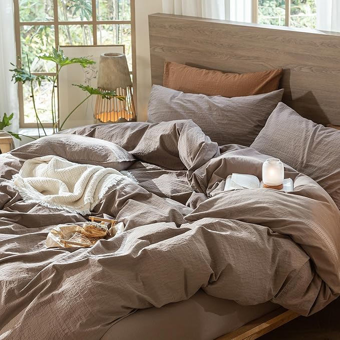 MooMee Wavy Striped Duvet Cover Set 100% Washed Cotton Linen Like Textured Breathable Durable Soft Comfy (Brown, Cal King 104"x98")