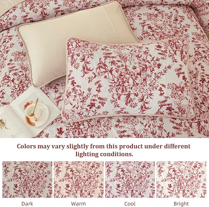 WONGS BEDDING Quilt Queen Size, Christmas Red Quilt Bedding Set with 2 Pillowcases, Botanical Quilts for Queen Bed, Soft Microfiber Lightweight Coverlet Bedspread for All Season (96"×90", 3 Pieces)