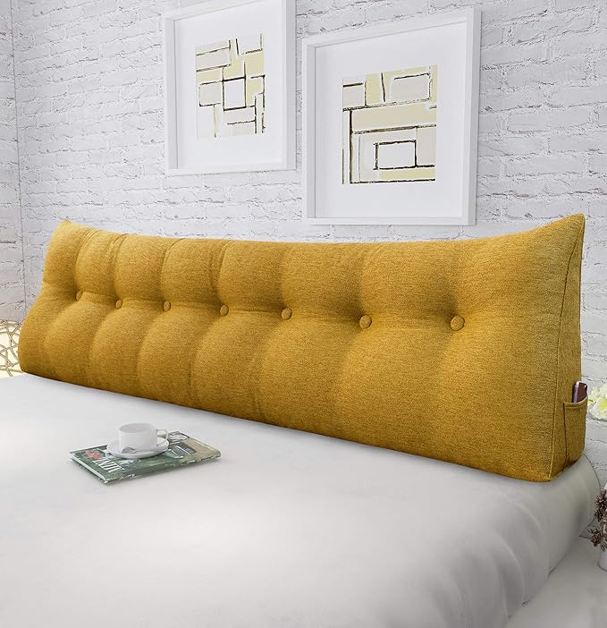 homecozy Wedge Headboard Pillow Dorm Room Reading Pillow Back Support for Sitting Up in Bed Bolster Lumbar Cushion Body Positioning Bedrest Gifts for Mom Cotton Linen 76in Yellow King