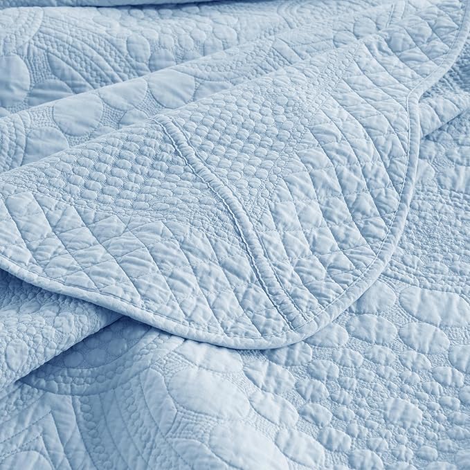 MarCielo 3-Piece 100% Cotton Oversized Bedspread Lightweight Quilt Coverlet Embroidery Farmhouse Bedding Set (Tf Light Blue, Oversized Queen (100"x106"))