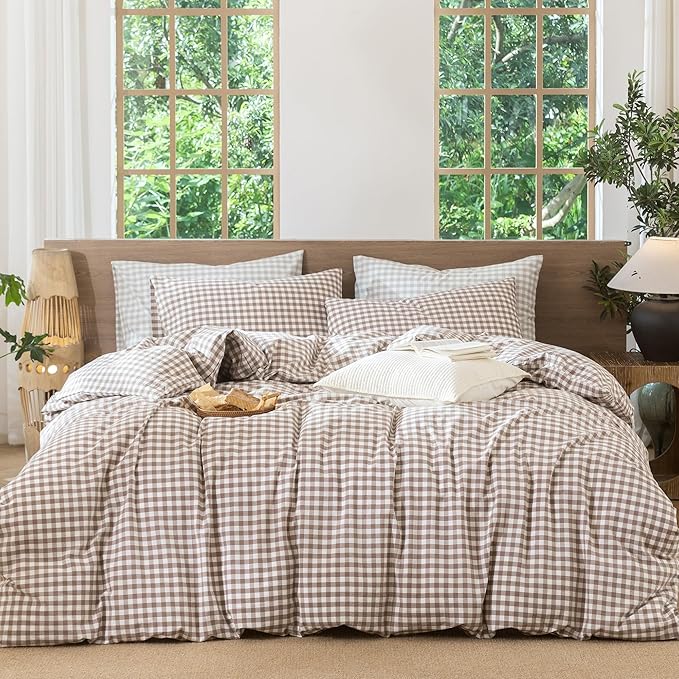 MooMee Gingham Duvet Cover Set 100% Washed Cotton Linen Like Textured Breathable Durable Soft Comfy Modern Checkered Design (Brown Gingham, King 104"x90")