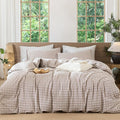 MooMee Gingham Duvet Cover Set 100% Washed Cotton Linen Like Textured Breathable Durable Soft Comfy Modern Checkered Design (Brown Gingham, Cal King 104"x98")